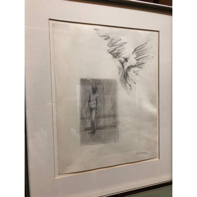 Abstracted portrait of a nude man and an angel or winged figure by artist John Dobbs. This impressionistic depiction of...