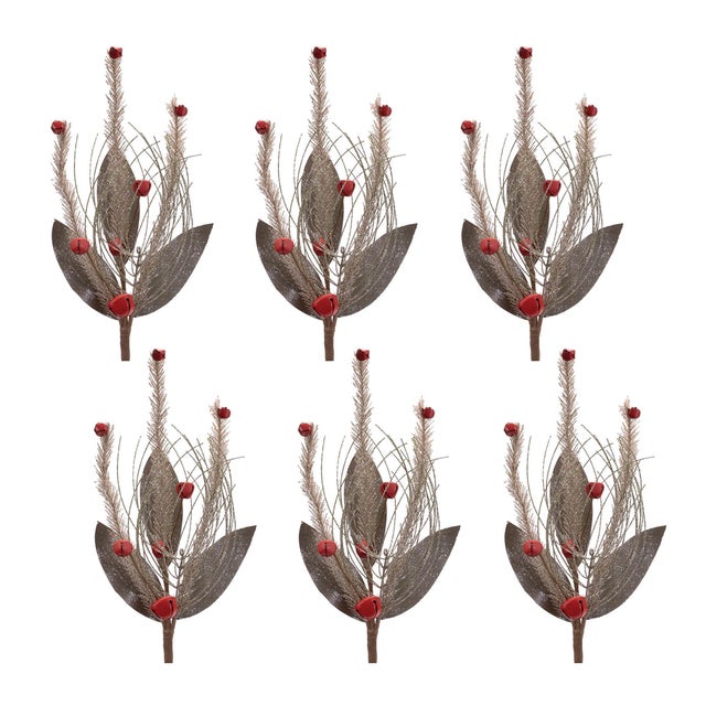 Contemporary Glittered Pine and Sleigh Bell Spray (Set of 6) For Sale - Image 3 of 3