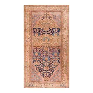 1930s Blue Navy Medallion Tribal Antique Persian Malayer Rug 7' X 13'6" Handknotted Wool Carpet For Sale