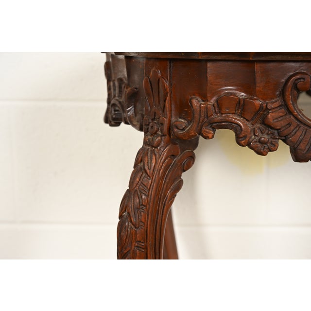 Romweber Style French Provincial Louis XV Carved Walnut and Satinwood Inlaid Marquetry Side Table, Circa 1930s For Sale - Image 10 of 14