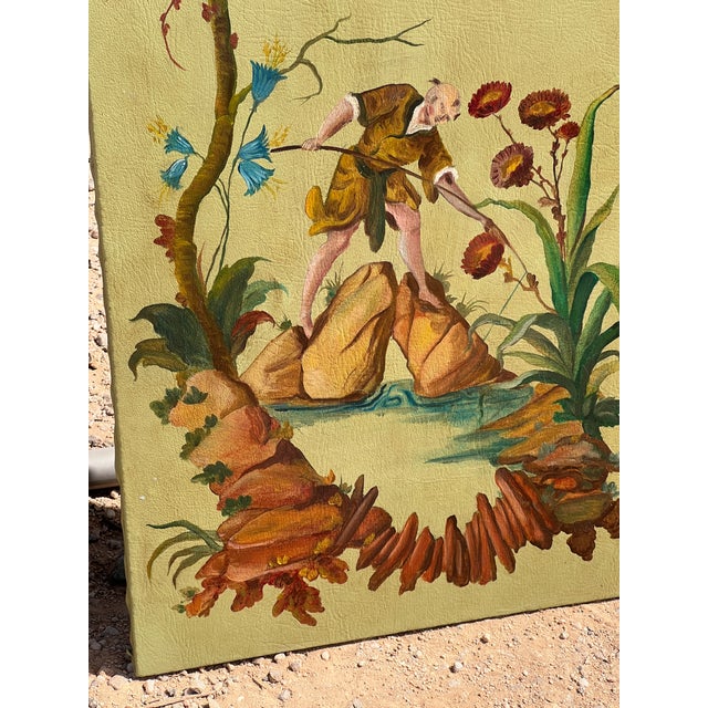 Mid 20th Century Pair of Large Continental Oil on Leather Chinoiserie Painting Panels For Sale - Image 5 of 11