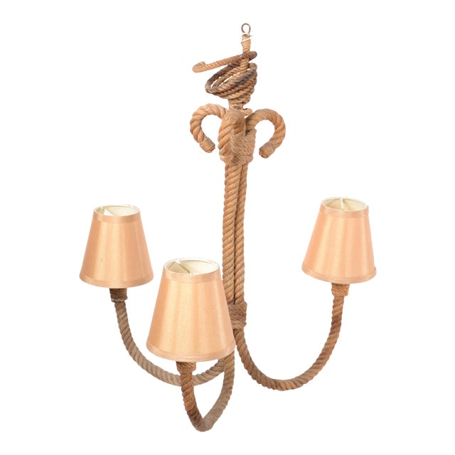 Adrien Audoux and Frida Minet Nautical French Three Light Rope Chandelier 1960 For Sale