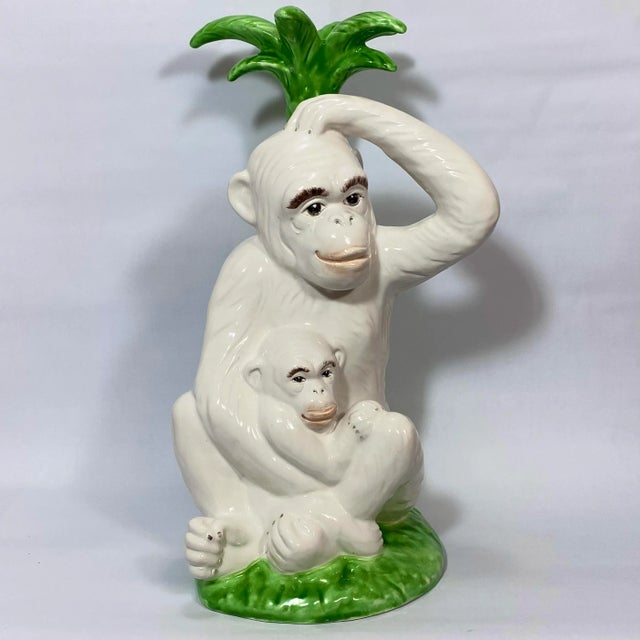 Sculptural Majolica Monkey Mother & Baby Pair Chelsea House, made in Italy. 16” Tall, Candle holder discreetly in center...
