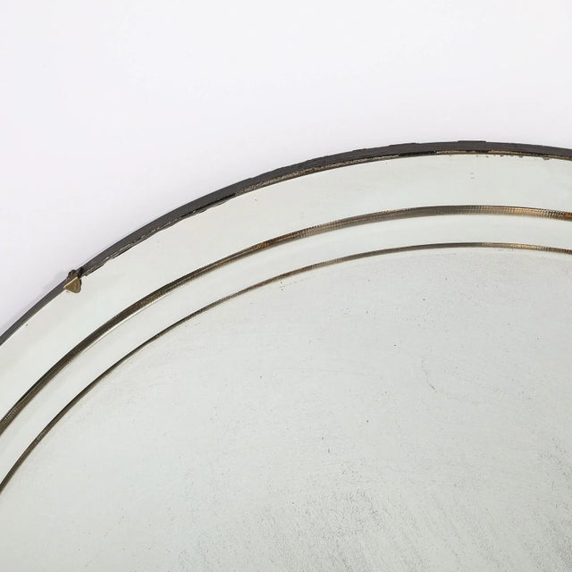 Glass Art Deco Machine Age Round Reverse Tiered Bevel Detailed & Brass Clipped Mirror For Sale - Image 7 of 12