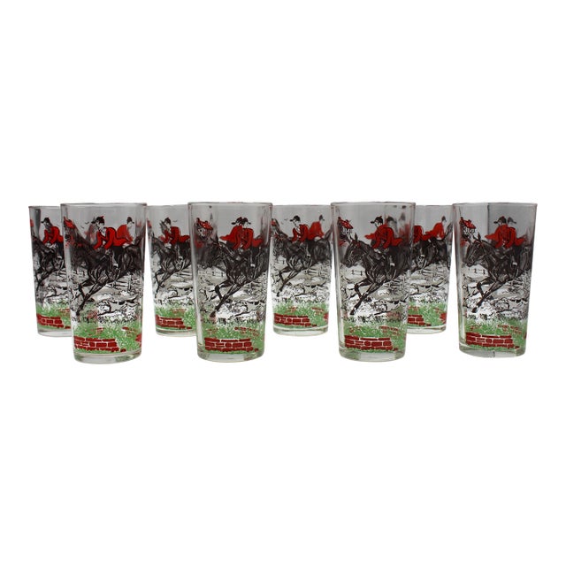 Circa 1950s "Tally Ho" Fox Hunting Highball Glasses by Hazel-Atlas For Sale