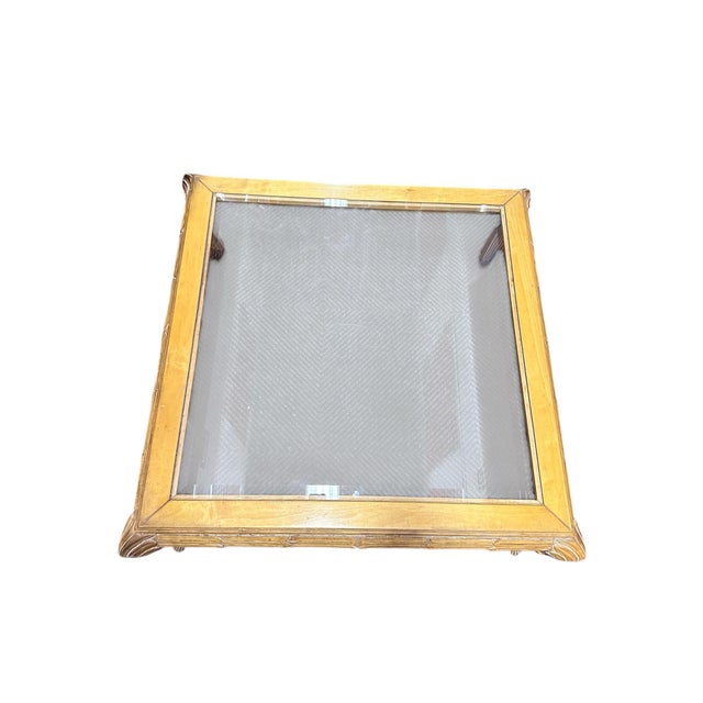 29Wx26.5Dx23.5H Great side table in very good condition. Light wear tiny chips on wood. Maple wood Insert glass 17.5x19.75