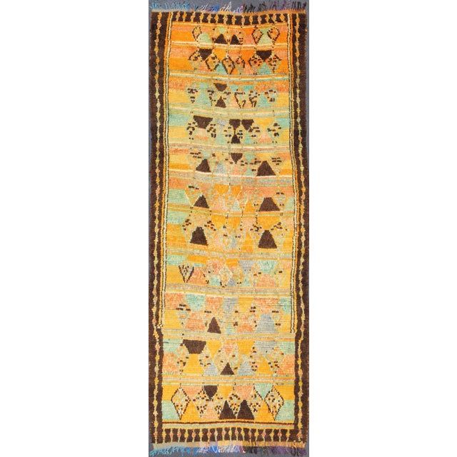 Mid 20th Century Long Vintage Moroccan Runner With Tribal Design in Orange, Brown, Blue and Green For Sale - Image 13 of 13