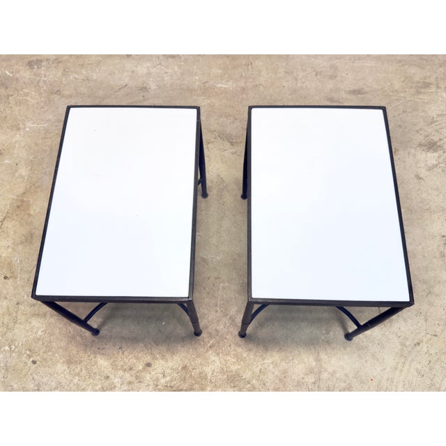 Mid Century Modern Wrought Iron & Milk Glass Small Side Tables—a Pair For Sale In New York - Image 6 of 12