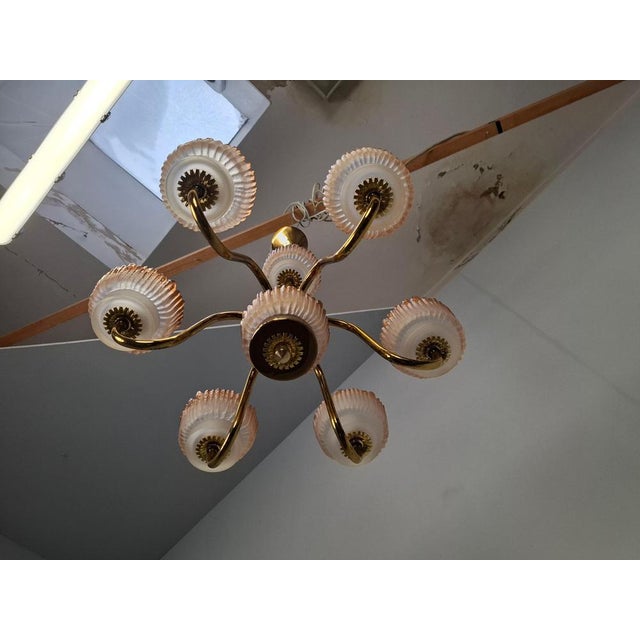 Mid-Century Czech Brass and Frosted Glass 6-Arm Chandelier, Železný Brod, 1960s For Sale - Image 3 of 18