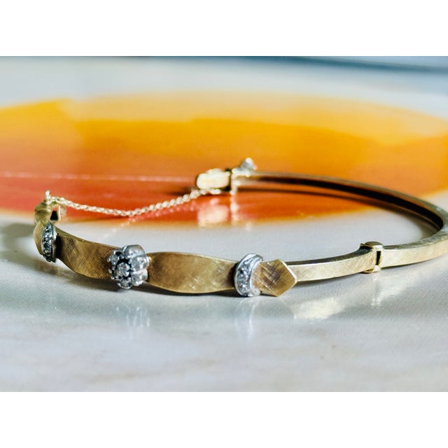 Victorian Mid Century 18k Yellow Gold Florentine Finish Diamond and Crescent Bangle Bracelet For Sale - Image 3 of 15