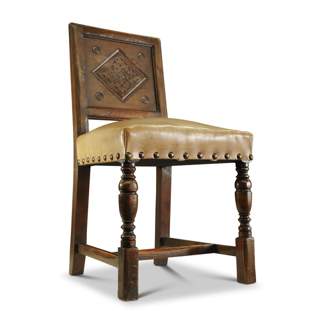 Set of Jacobean Oak Carved Hall Chairs One with Barley Twist, Carved Lion Pediments Both with Brass Studs and Leather Upholstery For Sale - Image 4 of 11