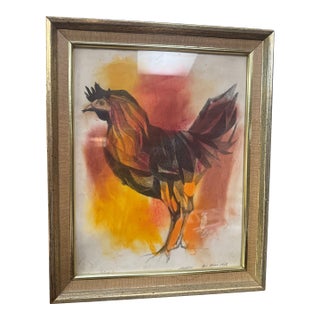 1958 Signed Don Bloom “Mexico” Modernist Rooster – Original Mid-Century Pastel For Sale