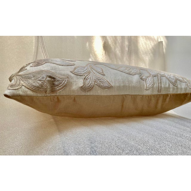 Velvet Foliage Appliquéd Linen and Silk Decorative Lumbar Pillow Cover For Sale In New York - Image 6 of 8