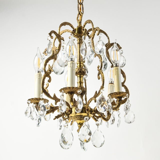 Glass Vintage Petite French Brass and Crystal Chandelier For Sale - Image 7 of 17