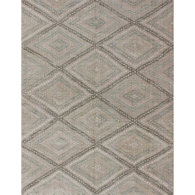 Tan Green, Salmon Vintage Turkish Embroidered Rug With Geometric Diamond Design For Sale - Image 4 of 13