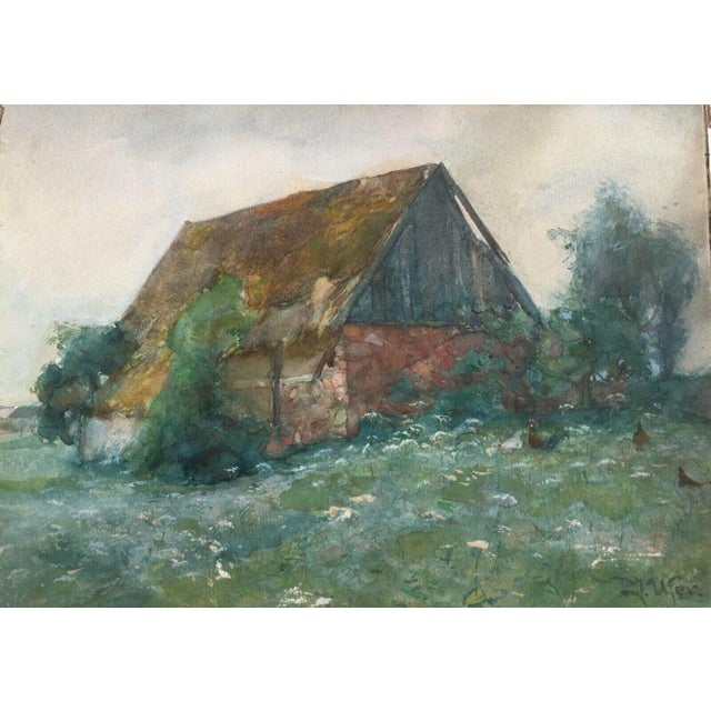 Ufer Johannes Paul, Elbier Dresden Village Building with Chickens, 1890s, Gouache For Sale - Image 13 of 13
