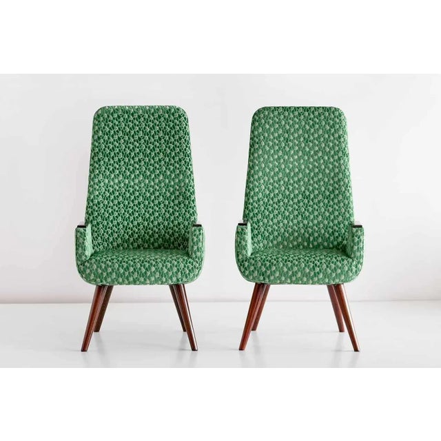 Set of High Back Armchairs in Green Braquenié Velvet and Wengé Wood, 1950s For Sale - Image 6 of 14