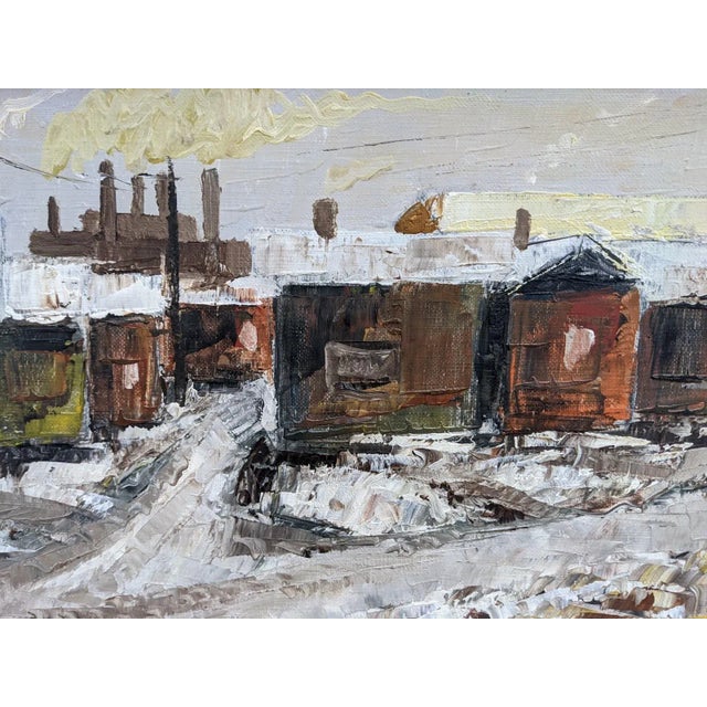 Mid-Century Modern Swedish "Chimneys" Vintage Winter Street Scene Oil Painting, Framed For Sale - Image 4 of 8