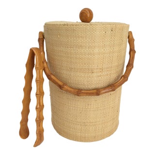 Mid-20th Century Palm Beach Style Grasscloth & Faux Bamboo Accented Tall Ice Bucket & Tongs For Sale