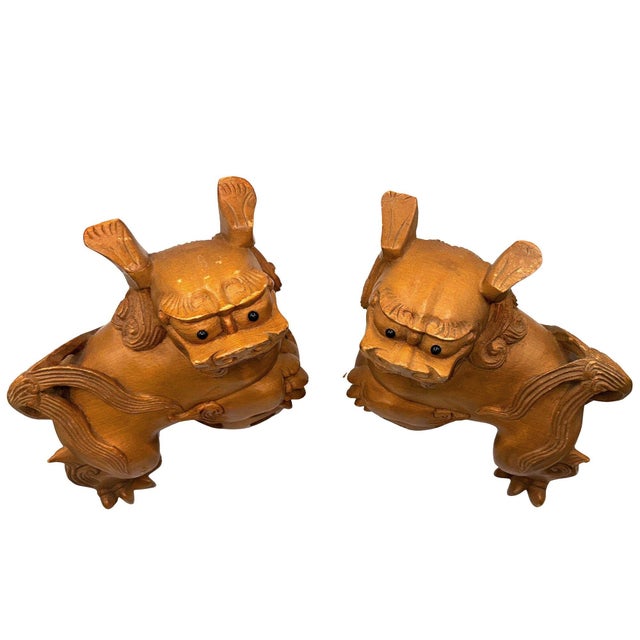 Chinese Mid 20th Century Chinese Export Carved Wood Guardian Foo Dog Statue, Pair For Sale - Image 3 of 14