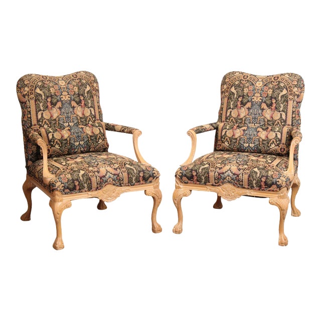 Georgian Style Carved and Cerused Pair of Armchairs For Sale
