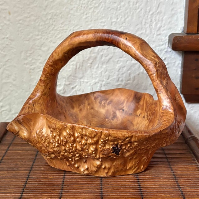 Hand Carved Natural Solid Burl Wood Tree Root Bowl Basket With Handle For Sale - Image 9 of 9
