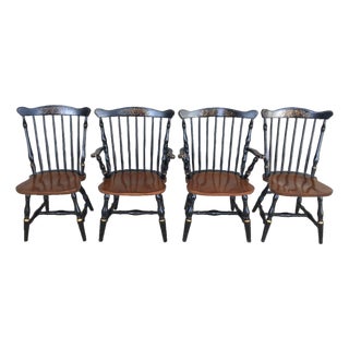 L. Hitchcock Solid Maple and Stencilled Set of 4 Harvest Black Fan Back Dining Chairs - Vintage Mid 20th Century For Sale