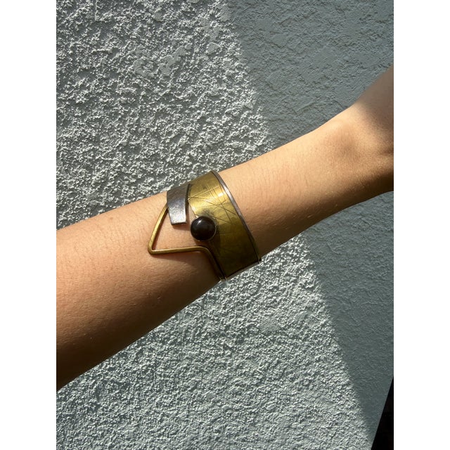 Gold Vintage Hall McFall Sterling Silver Brass Black Onyx Modernist Cuff Bracelet For Sale - Image 8 of 14