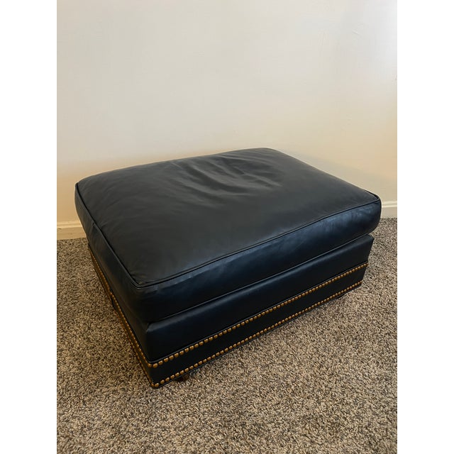 Navy Blue Hancock & Moore Royal Leather Wingback Chair With Ottoman For Sale - Image 8 of 9