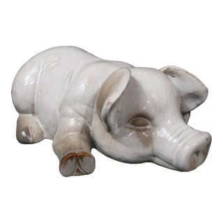 Vintage Large Glazed Sleeping Pig Pottery Figurine, White, 12” For Sale
