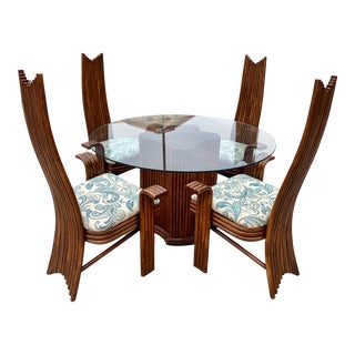 1970’s McGuire High Back Rattan Dining Chairs and Table, Signed - Set of 5 For Sale