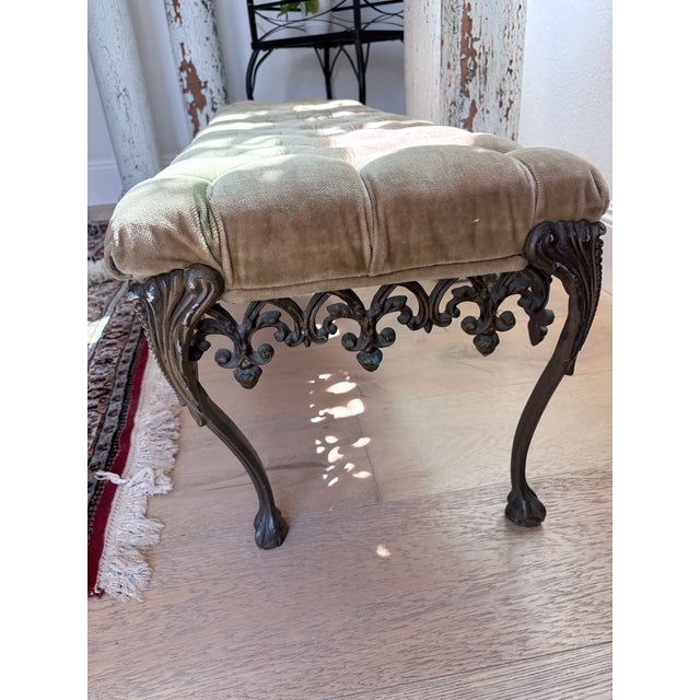 Vintage Hollywood Regency Tufted Velvet Bench With Ornate Metal Base For Sale In San Diego - Image 6 of 12