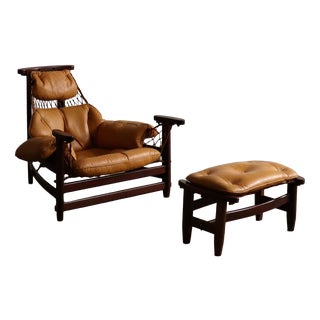 Set of Jangada Lounge Chair and Ottoman in Cognac Leather by Jean Gillon, Brazil, 1960s For Sale