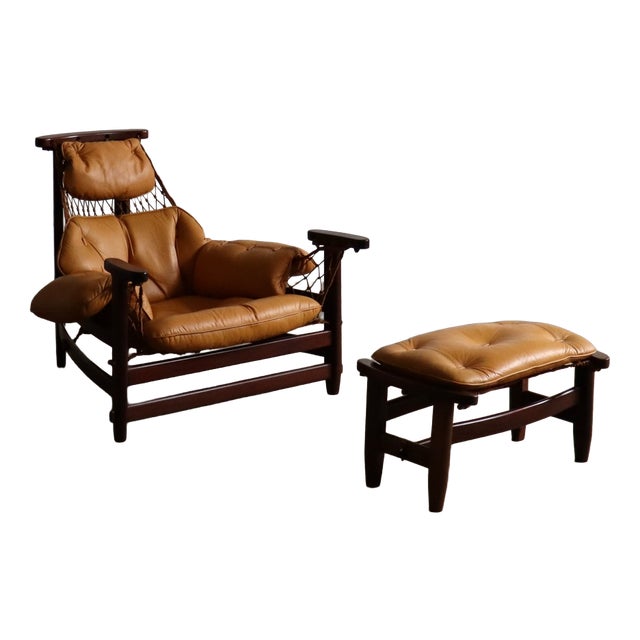 Set of Jangada Lounge Chair and Ottoman in Cognac Leather by Jean Gillon, Brazil, 1960s For Sale