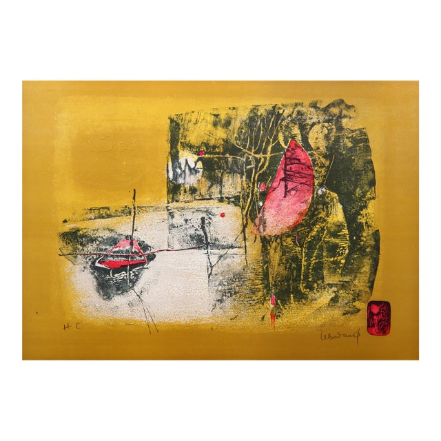 Untitled - Boat and Crescent Moon, Lithograph With Intaglio Etching by Lebadang (Aka Hoi) For Sale