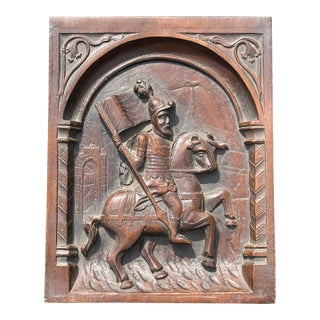 Early 20th C. Heavy Cast Resin Bas Relief Plaque - Templar Knight on Horseback For Sale