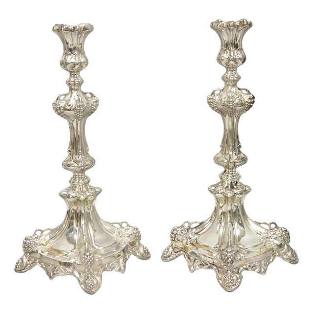 Antique Silver Plated Warsaw Imperial Russia 12" Candlestick Holders - A Pair For Sale