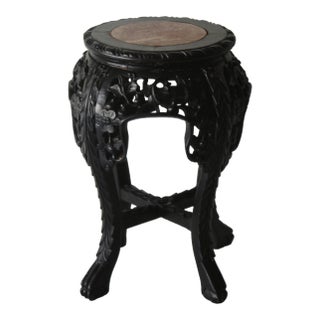 Asian Carved Rosewood Style Wood Stool Plant Stand With Inset Marble Top Vintage Mid-Century For Sale
