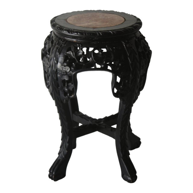 Asian Carved Rosewood Style Wood Stool Plant Stand With Inset Marble Top Vintage Mid-Century For Sale