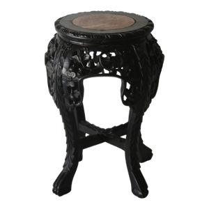 Asian Carved Rosewood Style Wood Stool Plant Stand With Inset Marble Top Vintage Mid-Century