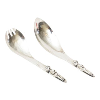 Vintage Silver Plate Sculptural Hand Wrought Salad Servers or Serving Pieces Hallmarked For Sale