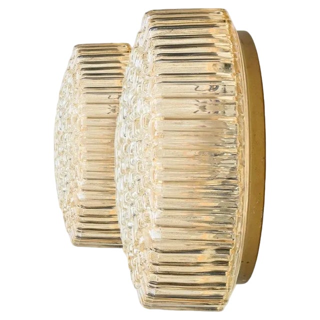 Medium Round Clear Textured Glass Wall Lights from Limburg, 1970, Set of 2 For Sale