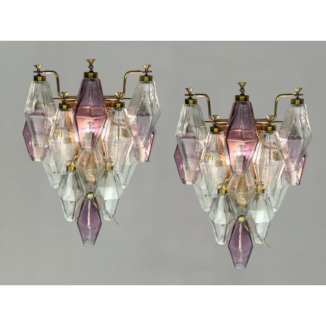 Murano glass polygon sconces set of 2 brass frame clear and pinkish color polygons height 38 cm width 26 cm depth 16 cm...