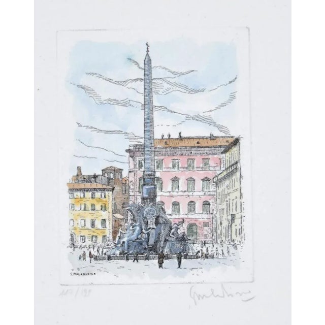 Giuseppe Malandrino, Navona Square, Etching, 1960 For Sale - Image 3 of 3