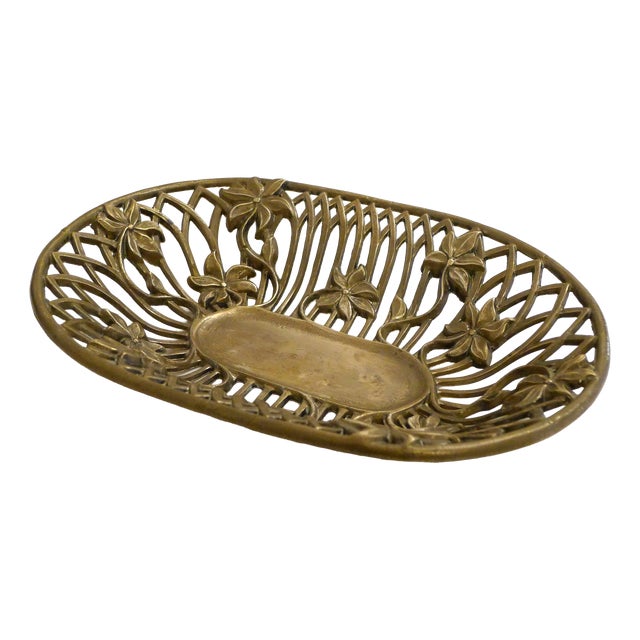 Mid-Century Art Nouveau Style Openwork Gilt Brass Basket, 1950s For Sale