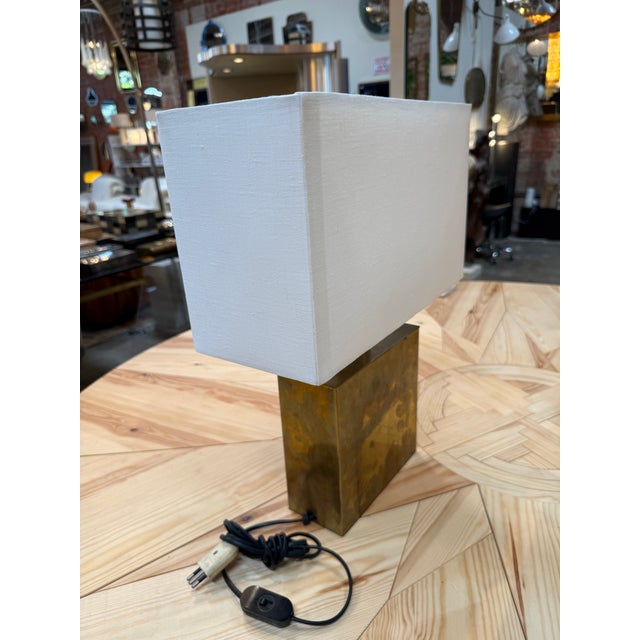 1970s Brass Table Lamp With Blue Panel Base and Rectangular Linen Shade For Sale - Image 5 of 7