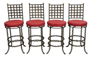 Vintage Mid Century Brutalist Iron Chain Link Swivel Counter Bar Stools- Set of 4