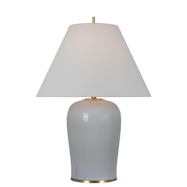 Traditional Thomas O'Brien by Visual Comfort Signature Opera 30" Table Lamp in Polar Blue Crackle with Linen Shade For Sale - Image 3 of 3