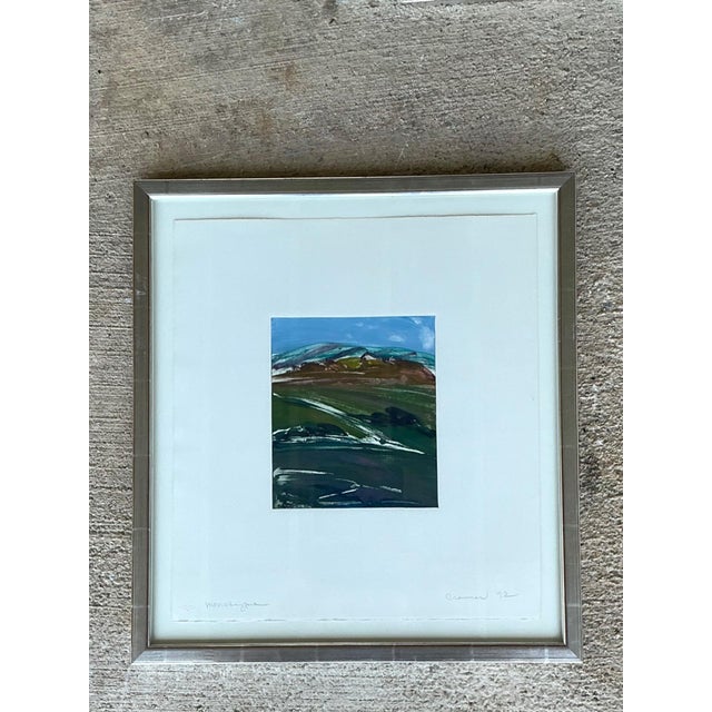 Blue Framed Abstract Landscape Monotype Print For Sale - Image 8 of 17