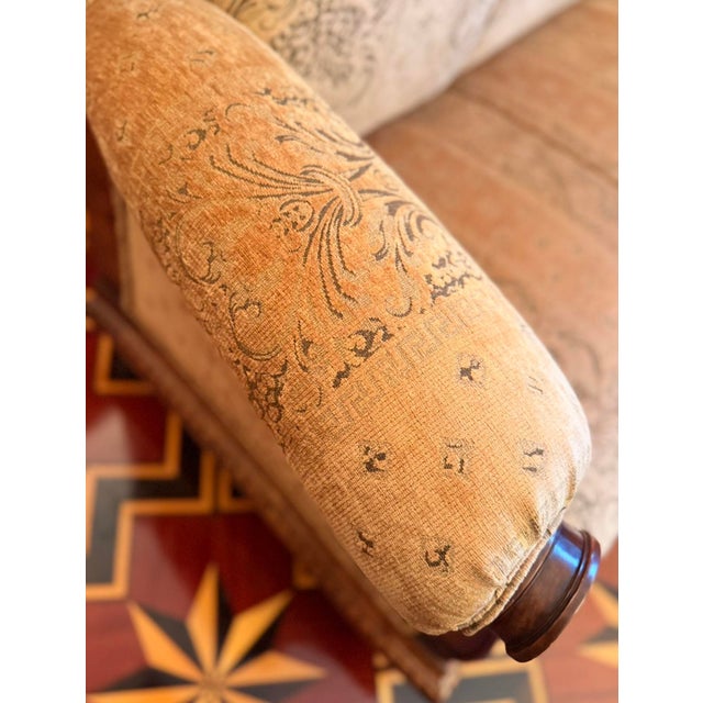 Wood French 19th C Louis XVI Carved Walnut Custom Blush Nude Damask Settee Sofa For Sale - Image 7 of 11